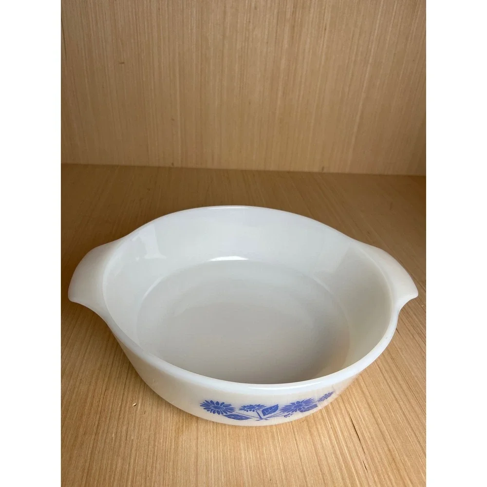 Vintage Anchor Hocking Fire-King Blue Floral Milk Glass Dish 438 Oven Proof MCM